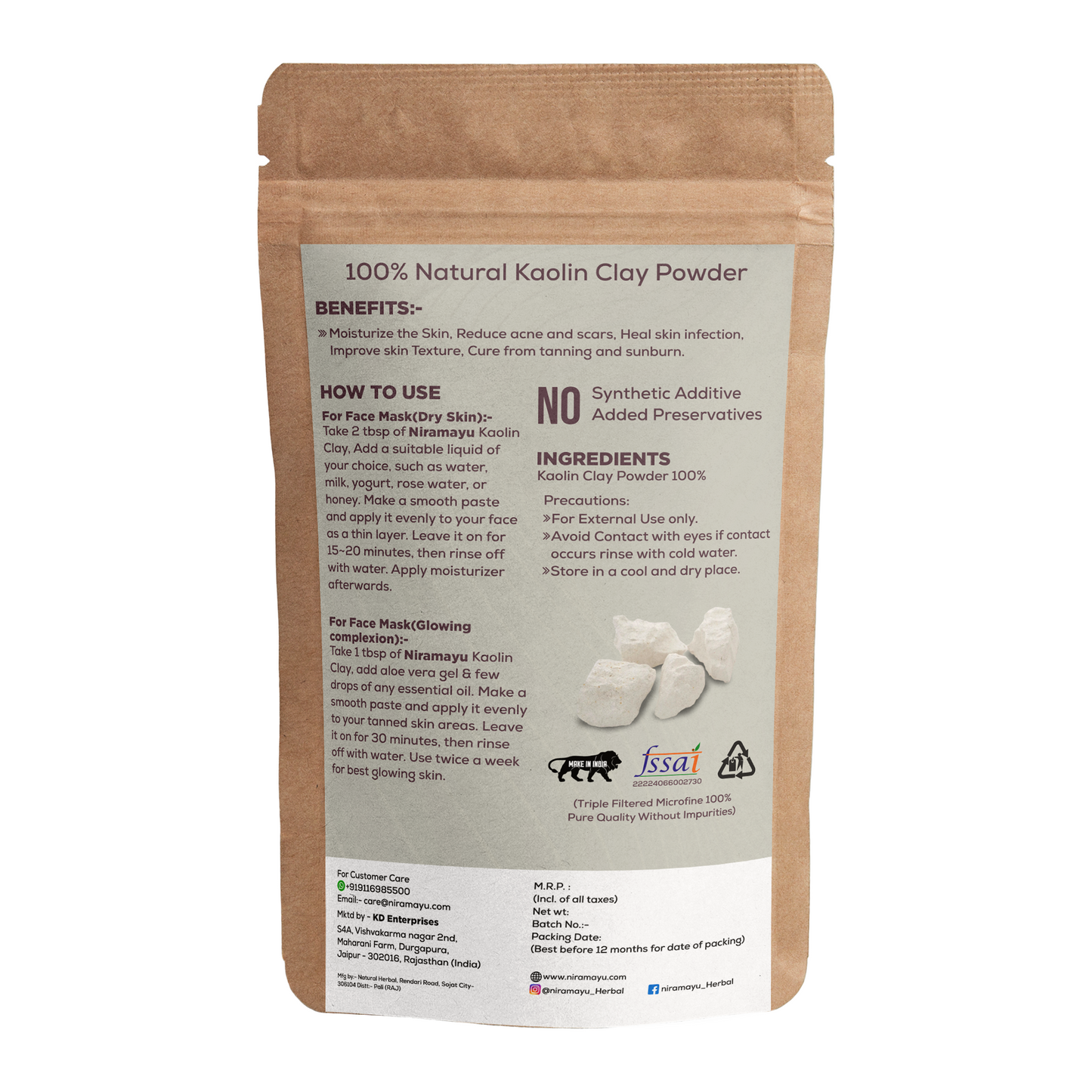 NIRAMAYU Kaolin Clay Powder for Face Pack | Natural White Clay Powder for Facial Mask and Scrub | Chemical Free Skin Cleansing Powder for Bright Looking Skin, Tan Care and Gentle Exfoliation