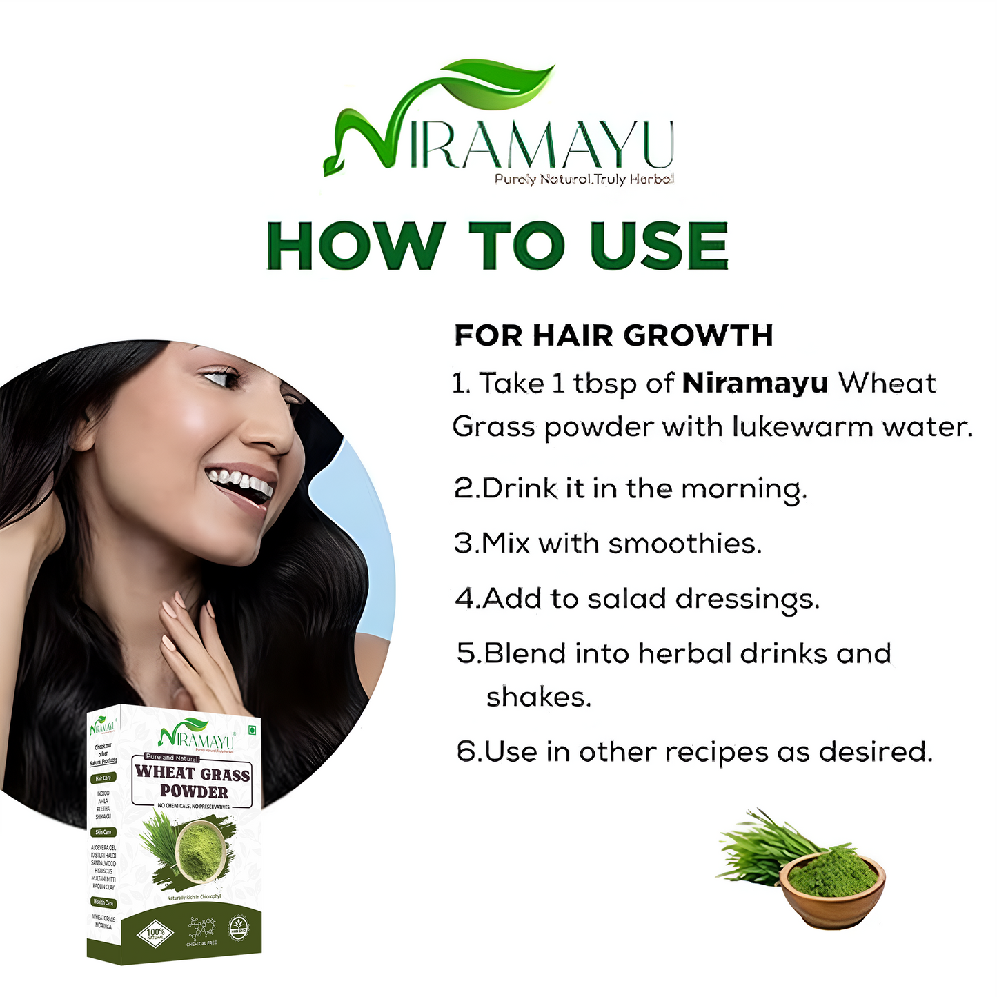 Niramayu Wheat Grass Powder 100gm for Supports Immunity & Boosts Stamina, De-toxifying, Body weight For Men & Women