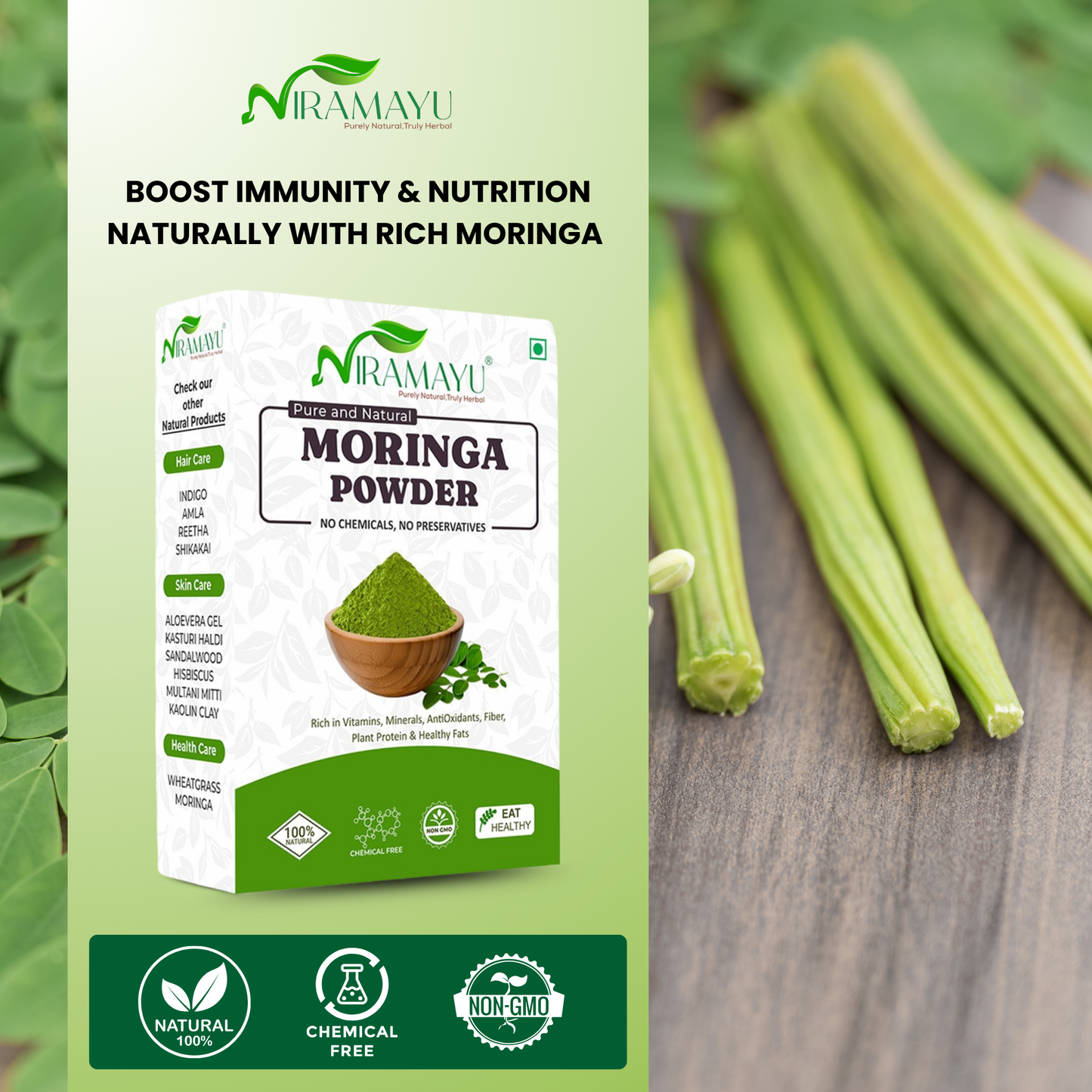 Niramayu Moringa Leaf Powder Superfood | Leaves Powder for Weight Loss Drumstick Juice, Murungai Keerai, Pure Fresh Munagaku Leaf Rich in Vitamins, Minerals & Antioxidants