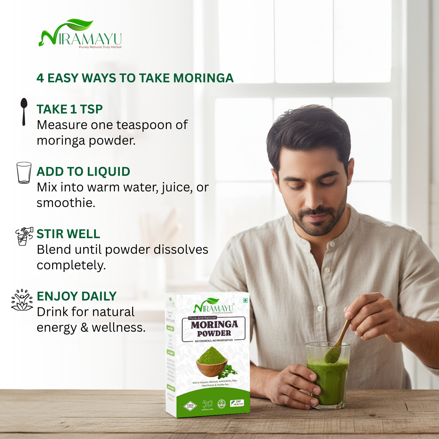 Niramayu Moringa Leaf Powder Superfood 200g | Leaves Powder for Weight Loss Drumstick Juice, Murungai Keerai, Pure Fresh Munagaku Leaf Rich in Vitamins, Minerals & Antioxidants