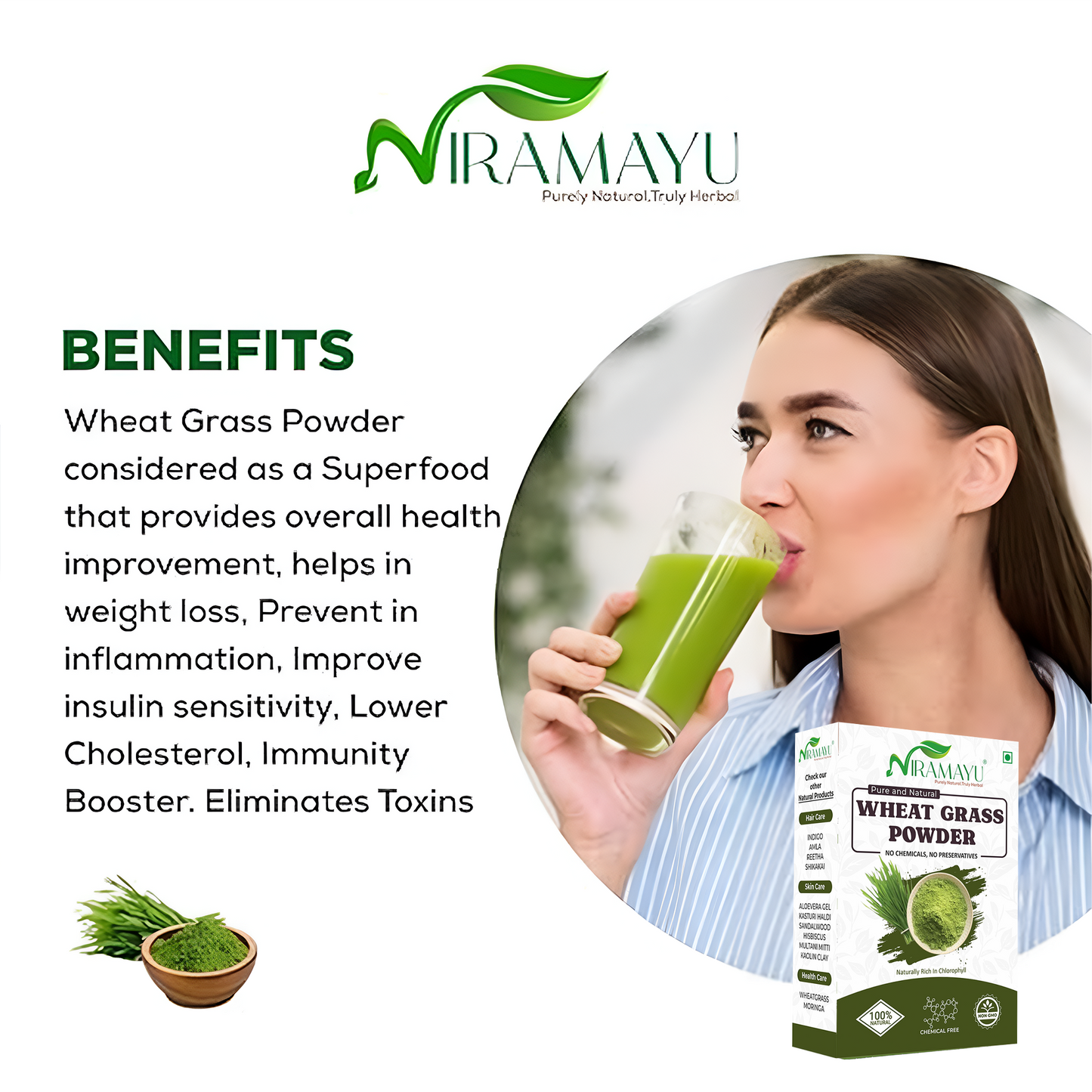 Niramayu Wheat Grass Powder 100gm for Supports Immunity & Boosts Stamina, De-toxifying, Body weight For Men & Women