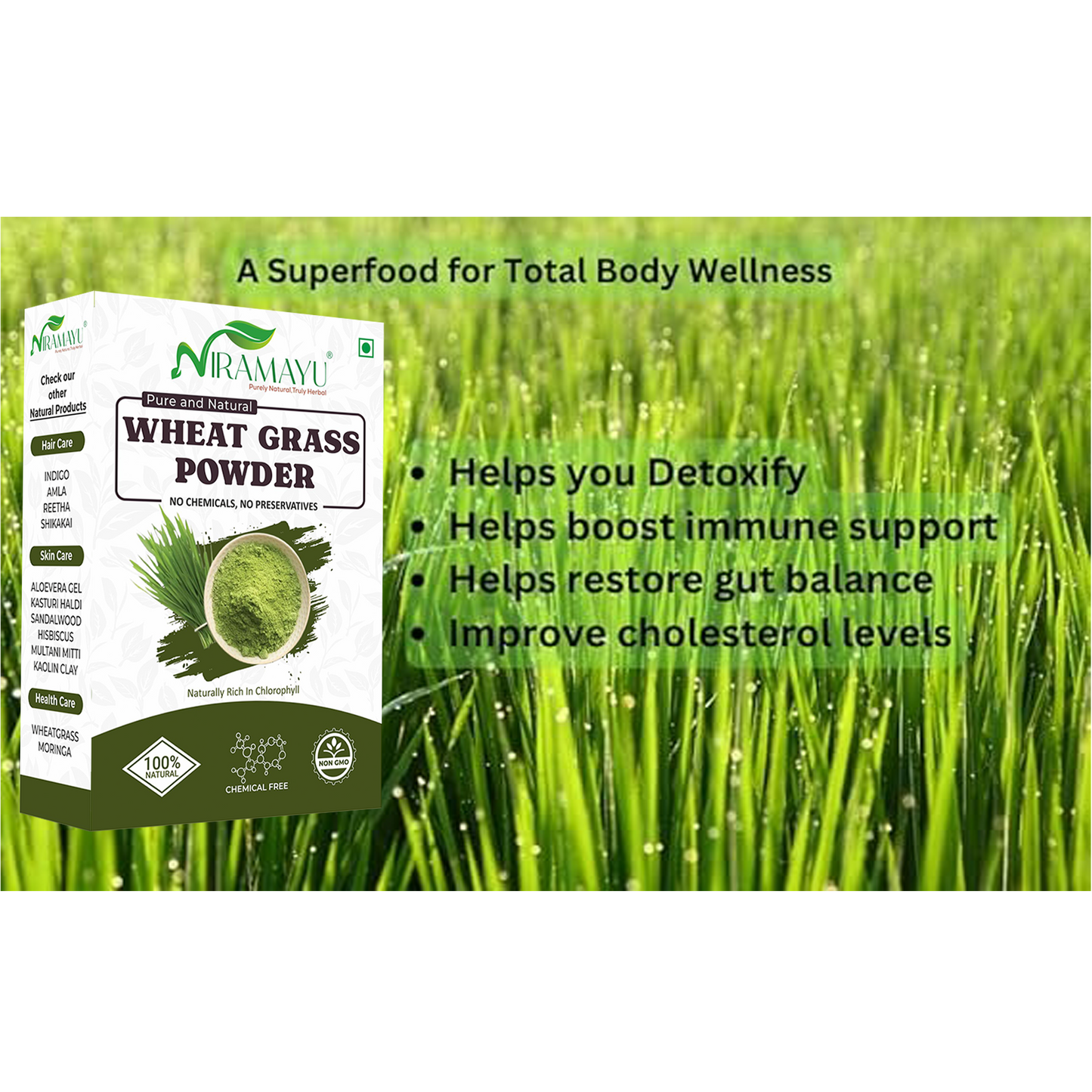 Niramayu Wheat Grass Powder 100gm for Supports Immunity & Boosts Stamina, De-toxifying, Body weight For Men & Women
