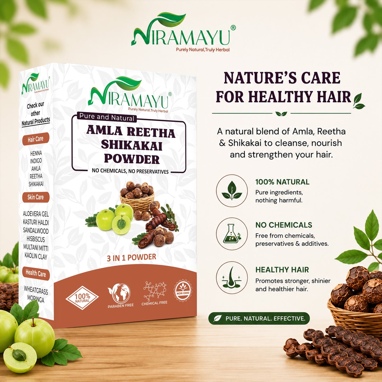 Niramayu Amla Reetha Shikakai Powder for hair 200 gm | 3 in 1 Herbal Care