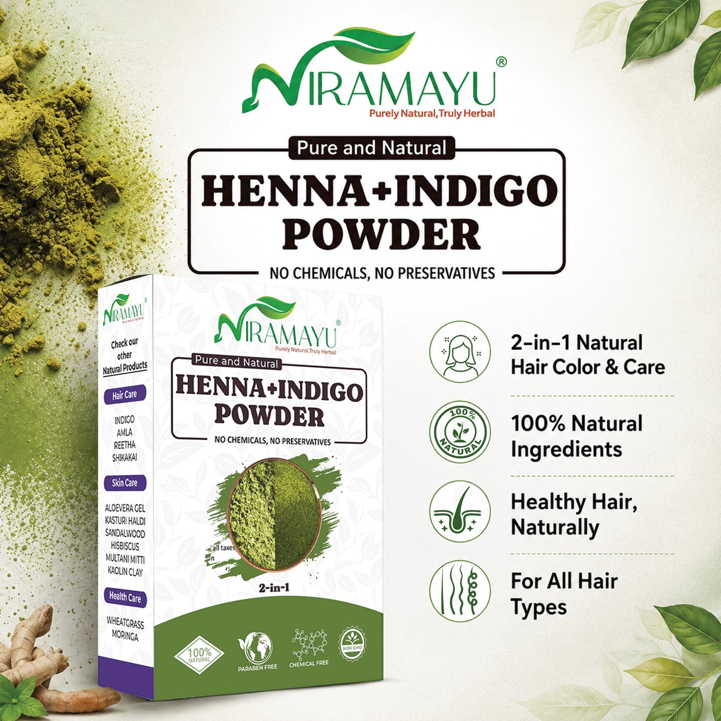 Niramayu Henna and Indigo Powder Combo for Black Hair 200g | Natural Herbal Chemical Free Plant-Based Hair Colour | Black Hair Dye Powder | 100g Each (Pack of 2)