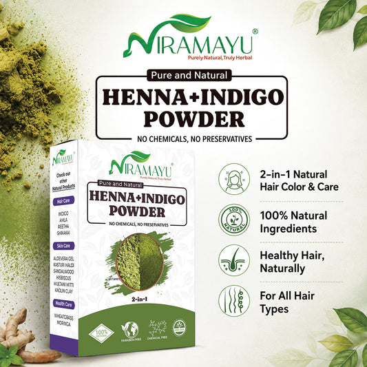 Niramayu Henna and Indigo Powder Combo for Black Hair 200g | Natural Herbal Chemical Free Plant-Based Hair Colour | Black Hair Dye Powder | 100g Each (Pack of 2)