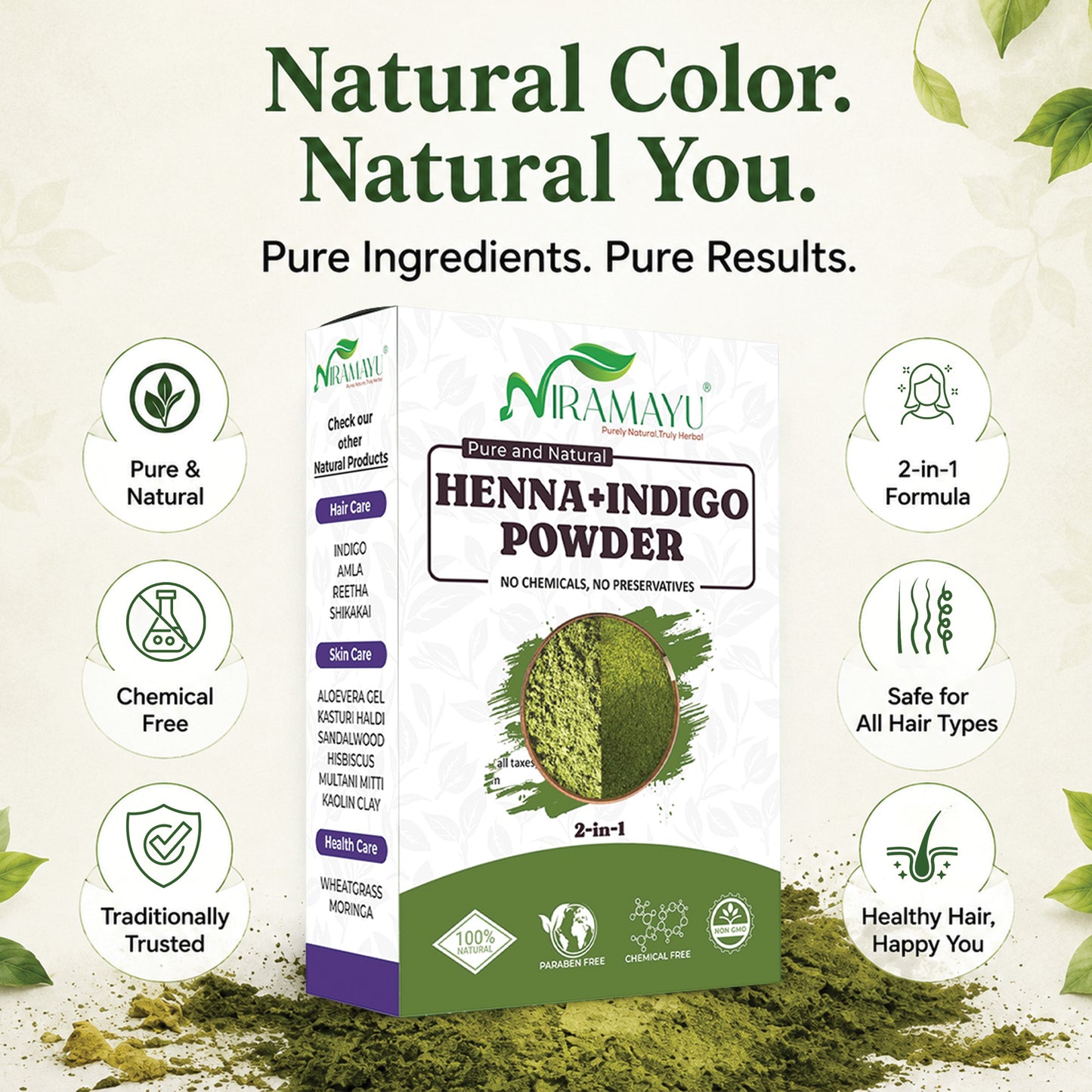 Niramayu Henna and Indigo Powder Combo for Black Hair 200g | Natural Herbal Chemical Free Plant-Based Hair Colour | Black Hair Dye Powder | 100g Each (Pack of 2)