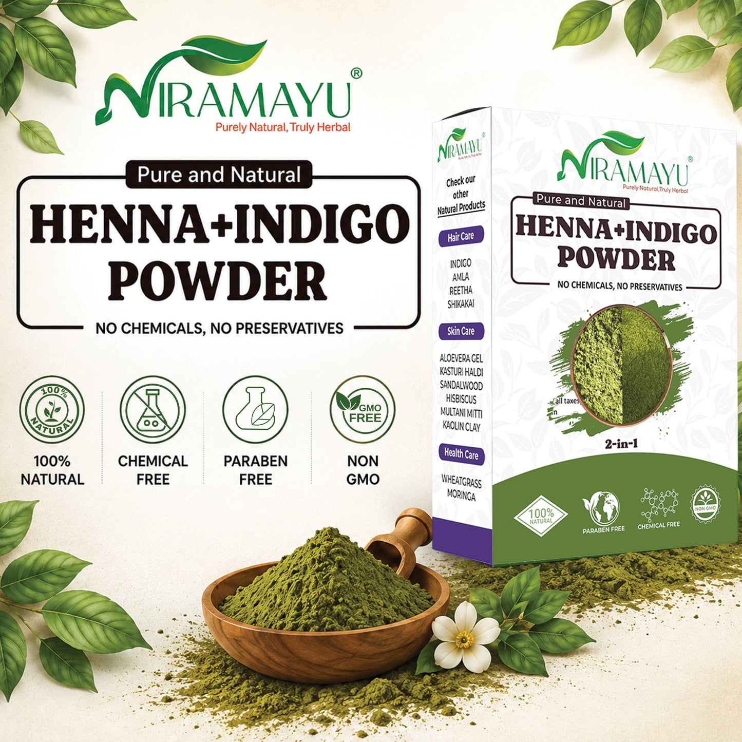 Niramayu Henna and Indigo Powder Combo for Black Hair 200g | Natural Herbal Chemical Free Plant-Based Hair Colour | Black Hair Dye Powder | 100g Each (Pack of 2)