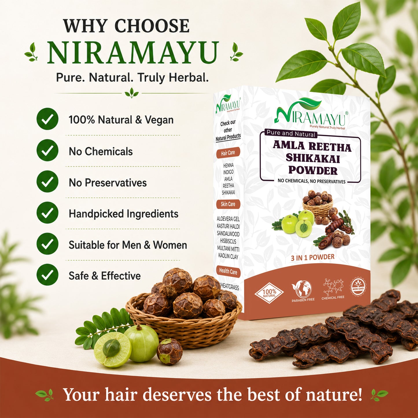 Niramayu Amla Reetha Shikakai Powder for hair 200 gm | 3 in 1 Herbal Care