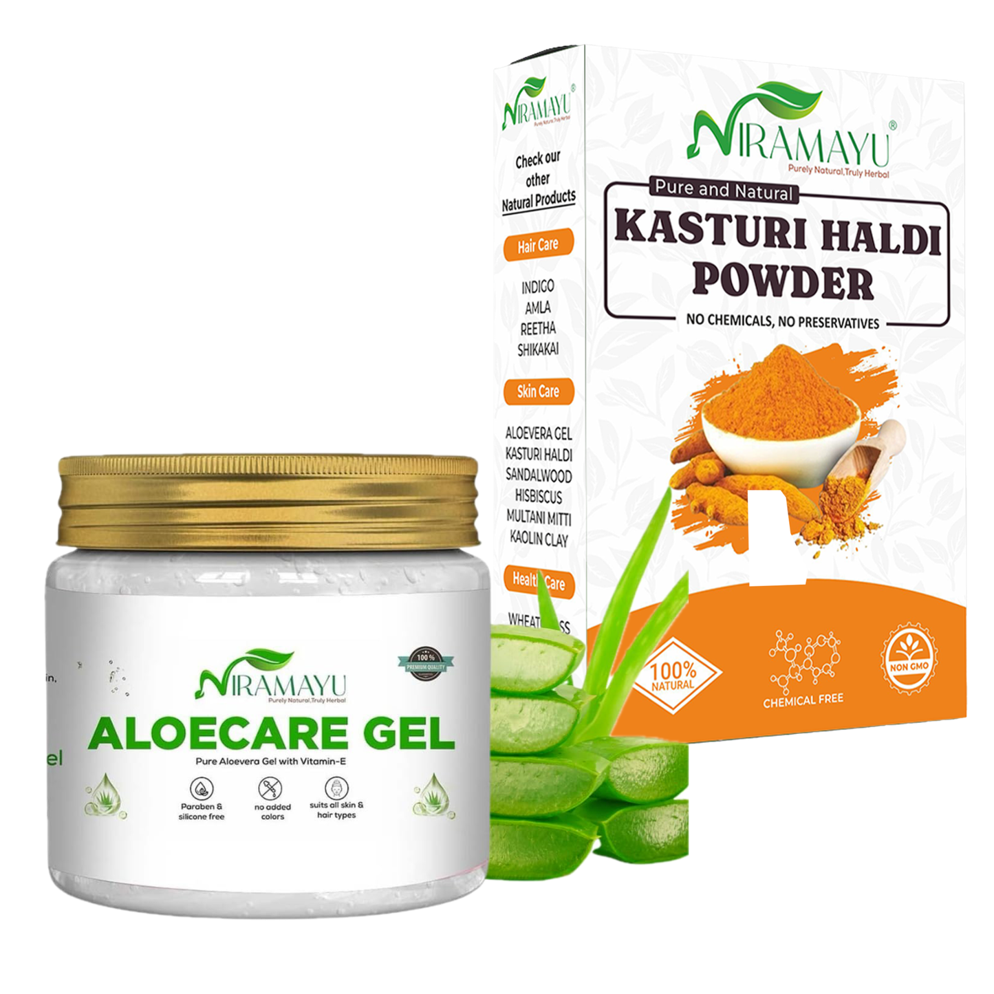 Niramayu Kasturi Haldi Powder 100g and Aloe Vera Gel 300g Skin Care Combo