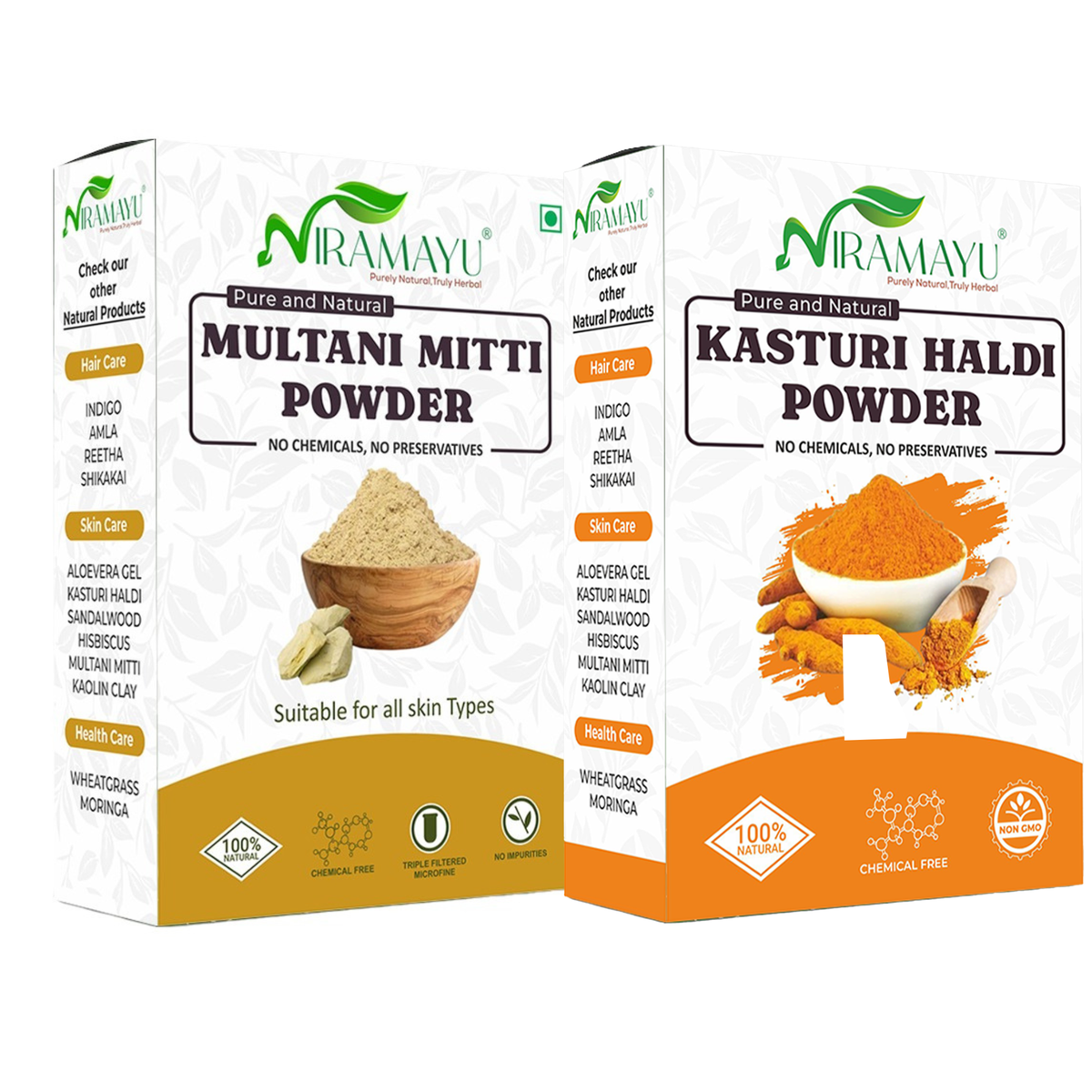 Niramayu Kasturi Haldi 100g and Multani Mitti 200g Face Pack Powder Combo | Herbal Chemical Free Skin Care Face Pack for Deep Cleansing, Oil Control, Acne Care, Tan Removal and Skin Brightening