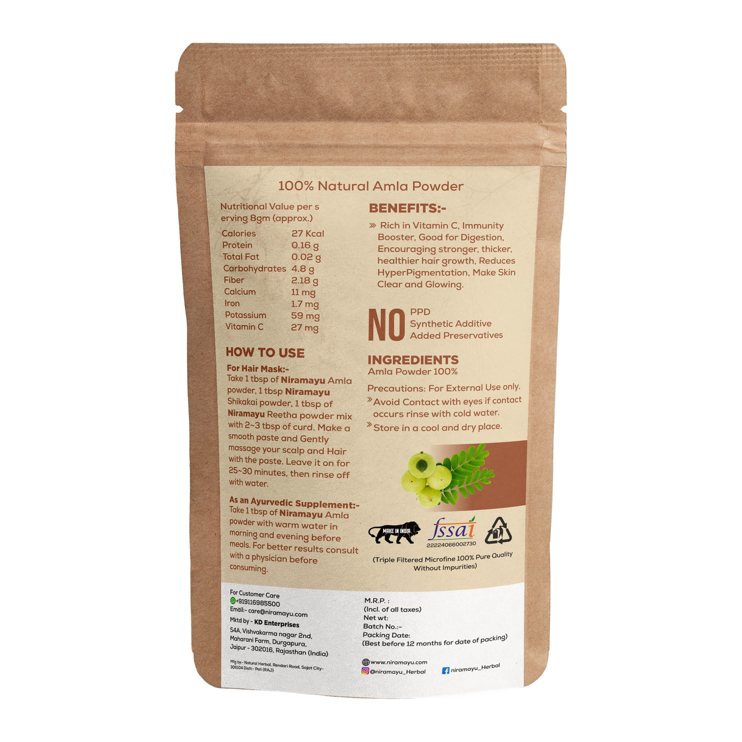 NIRAMAYU Amla Powder for Hair Growth and Skin Care | Natural Indian Gooseberry Herbal Powder | Chemical Free Hair Pack for Stronger Hair, Scalp Care and DIY Beauty Treatments