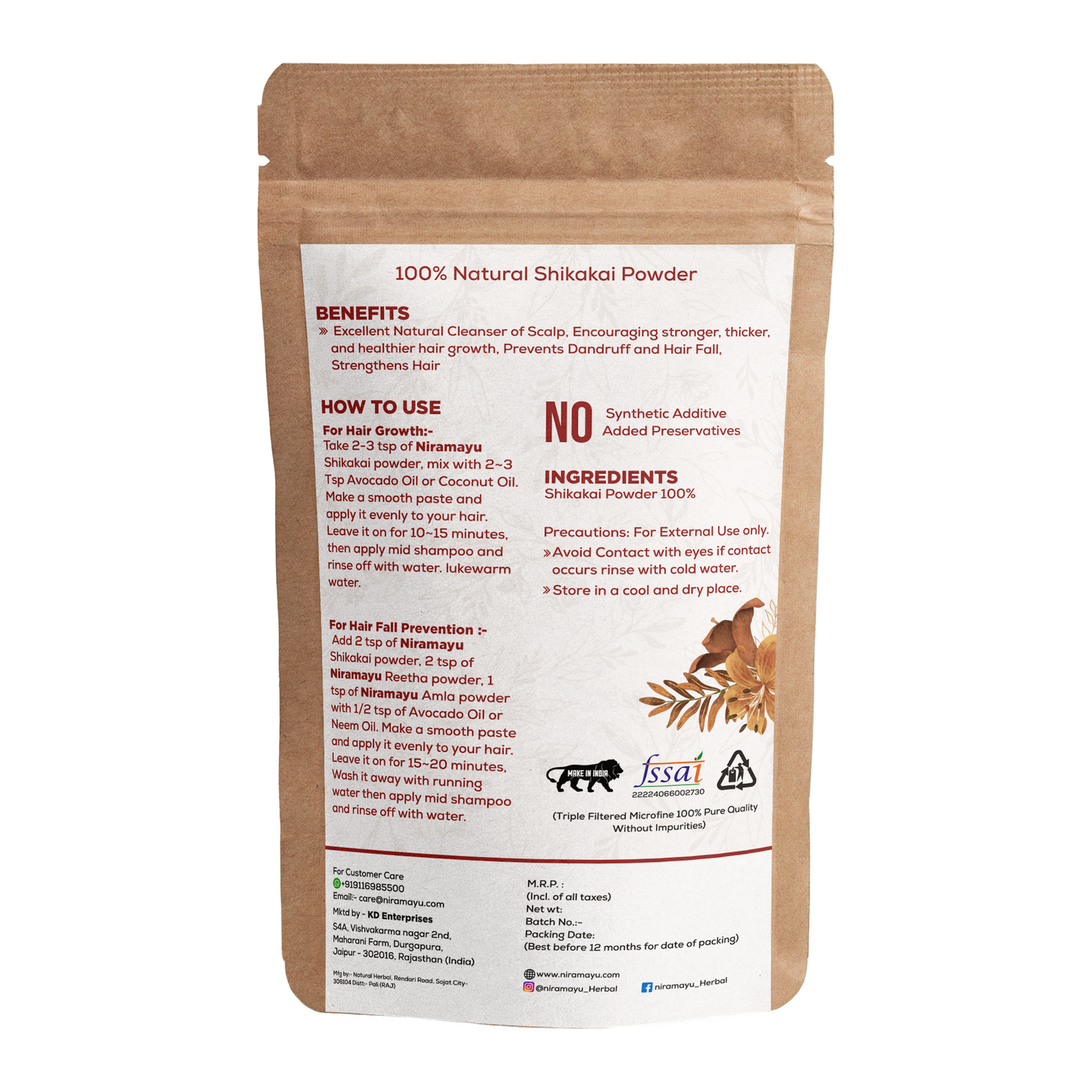 NIRAMAYU Shikakai Powder for Hair Growth | Natural Ayurvedic Herbal Hair Cleanser | Chemical Free Hair Care Powder for Soft, Shiny, Frizz Control and Scalp Cleansing