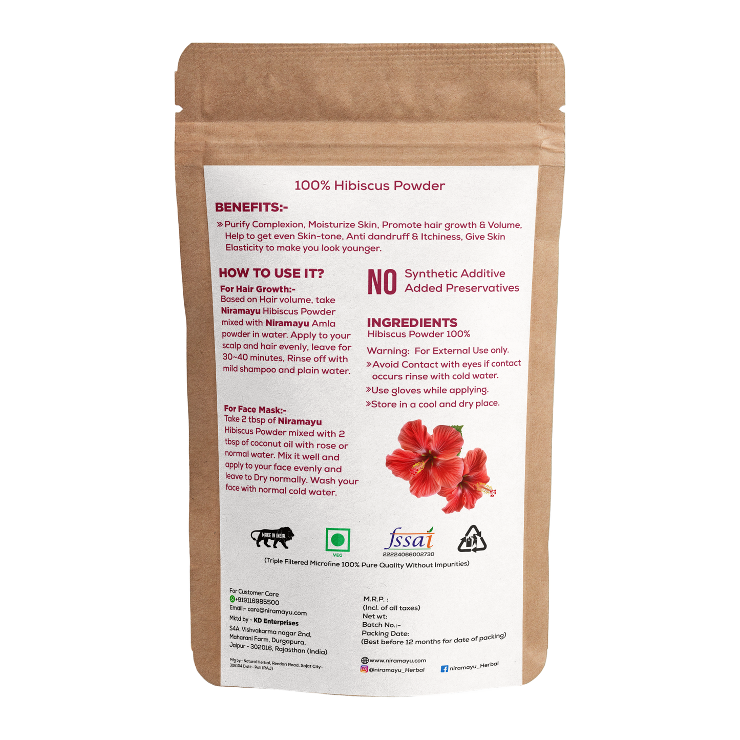 NIRAMAYU Hibiscus Powder for Hair Growth and Skin Care | Natural Gudhal Flower for Hair Pack, Face Pack and Herbal Tea | No Preservatives Dried