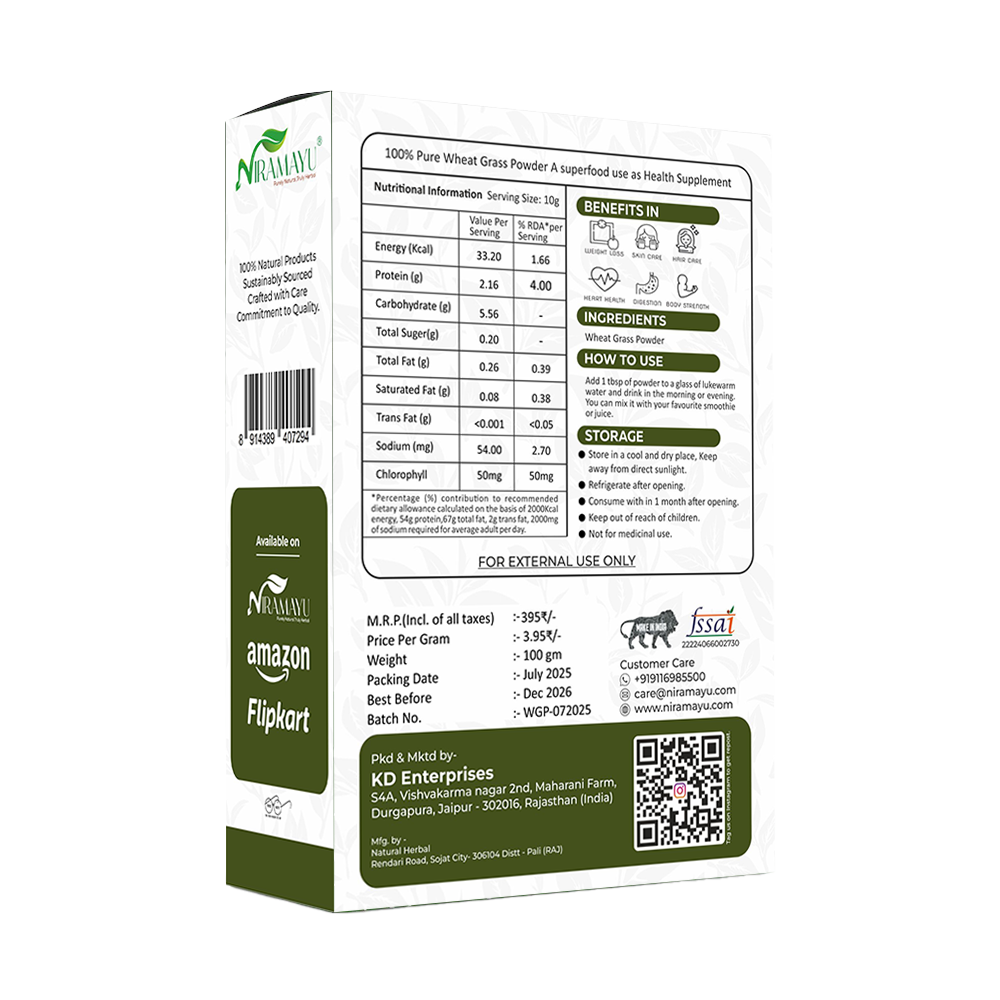 Niramayu Wheat Grass Powder 100gm for Supports Immunity & Boosts Stamina, De-toxifying, Body weight For Men & Women