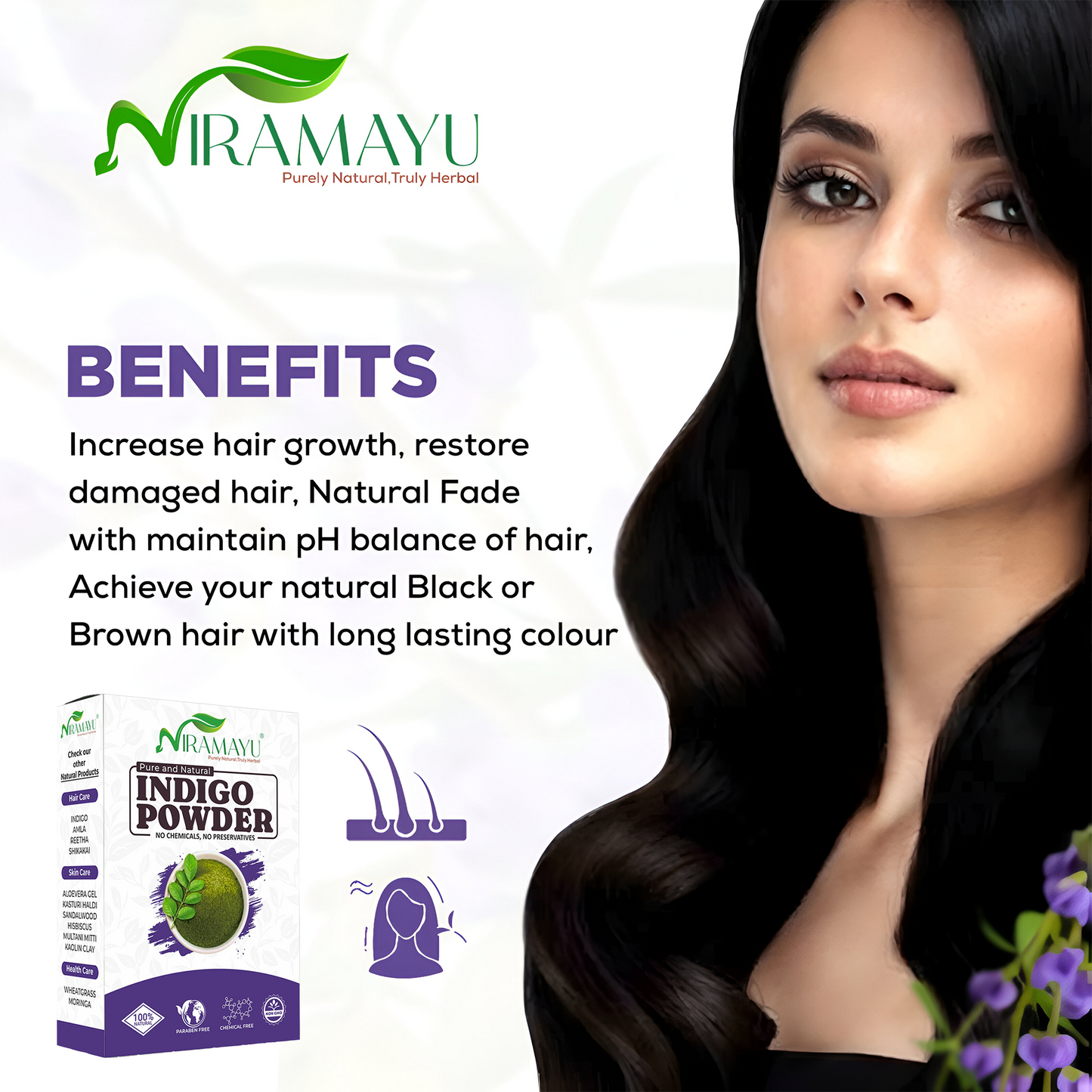 Niramayu Indigo Powder for black Hair 200Gm | Grey Coverage Formula Plant-Based Safe and Chemical-Free Hair Care | For Men and Women Smooth, Glossy and Healthy Hair Solution