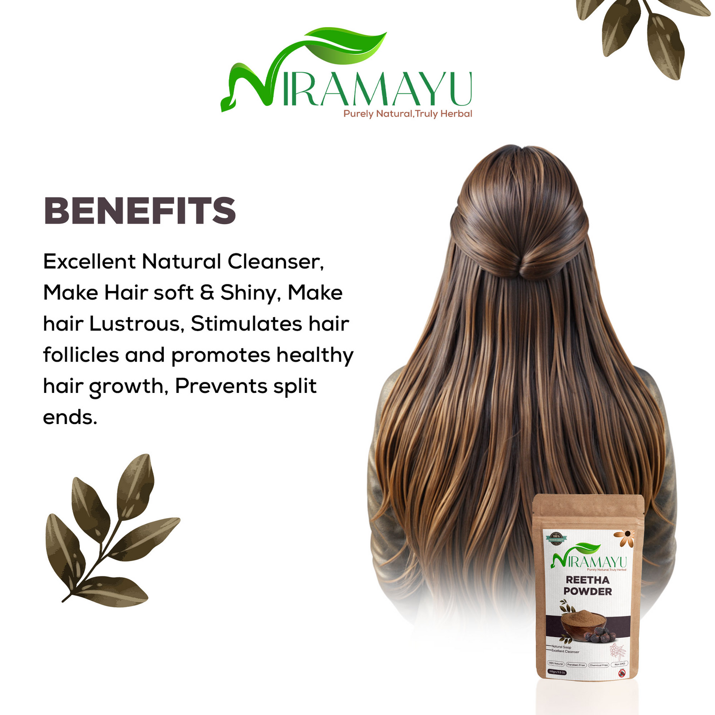 NIRAMAYU Reetha Powder for Hair Care | Paraben Free Natural Soapnut Aritha Powder Hair Cleanser | Chemical Free Herbal Hair Wash for Scalp Cleansing, Hair Shine and DIY Hair Masks