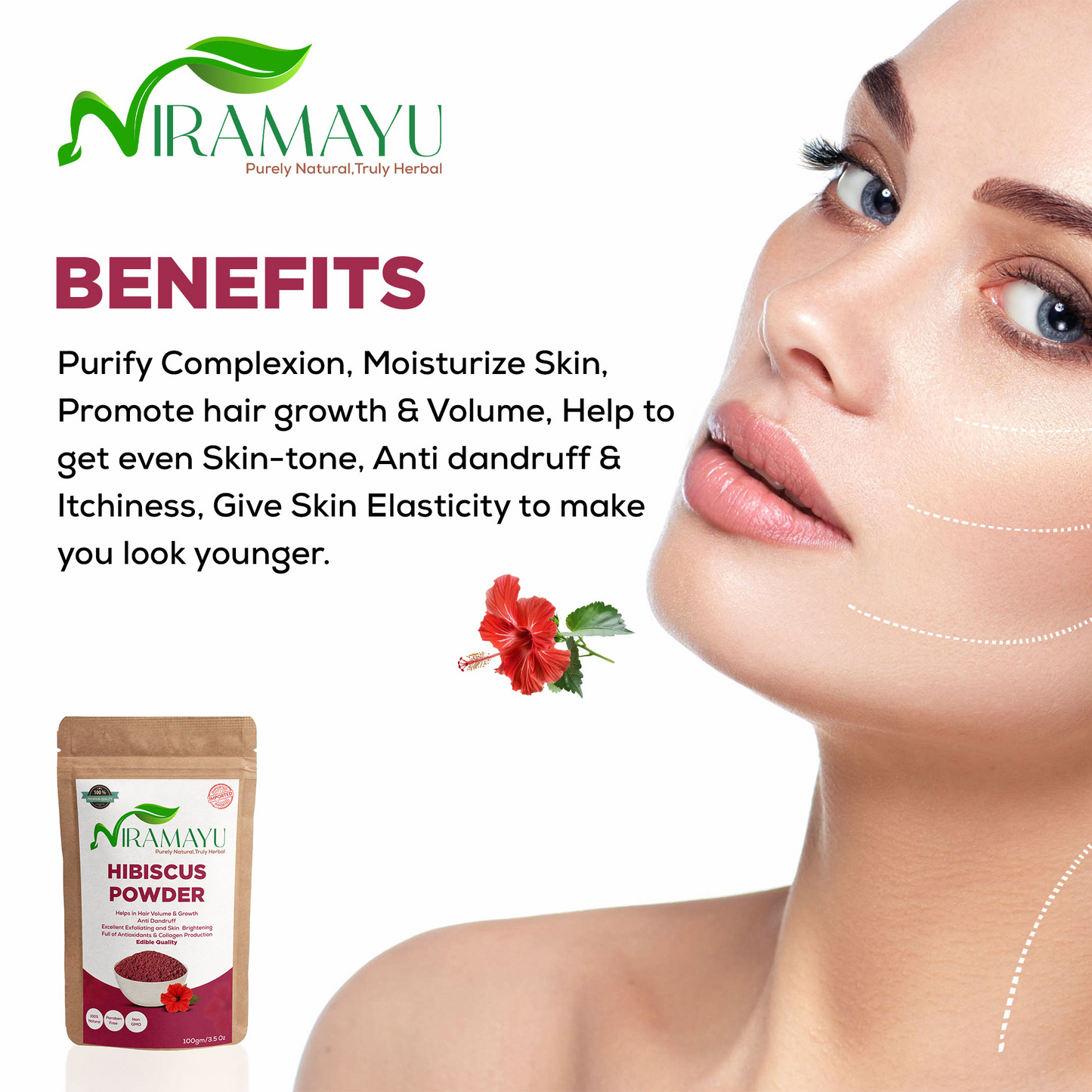 NIRAMAYU Hibiscus Powder for Hair Growth and Skin Care | Natural Gudhal Flower for Hair Pack, Face Pack and Herbal Tea | No Preservatives Dried