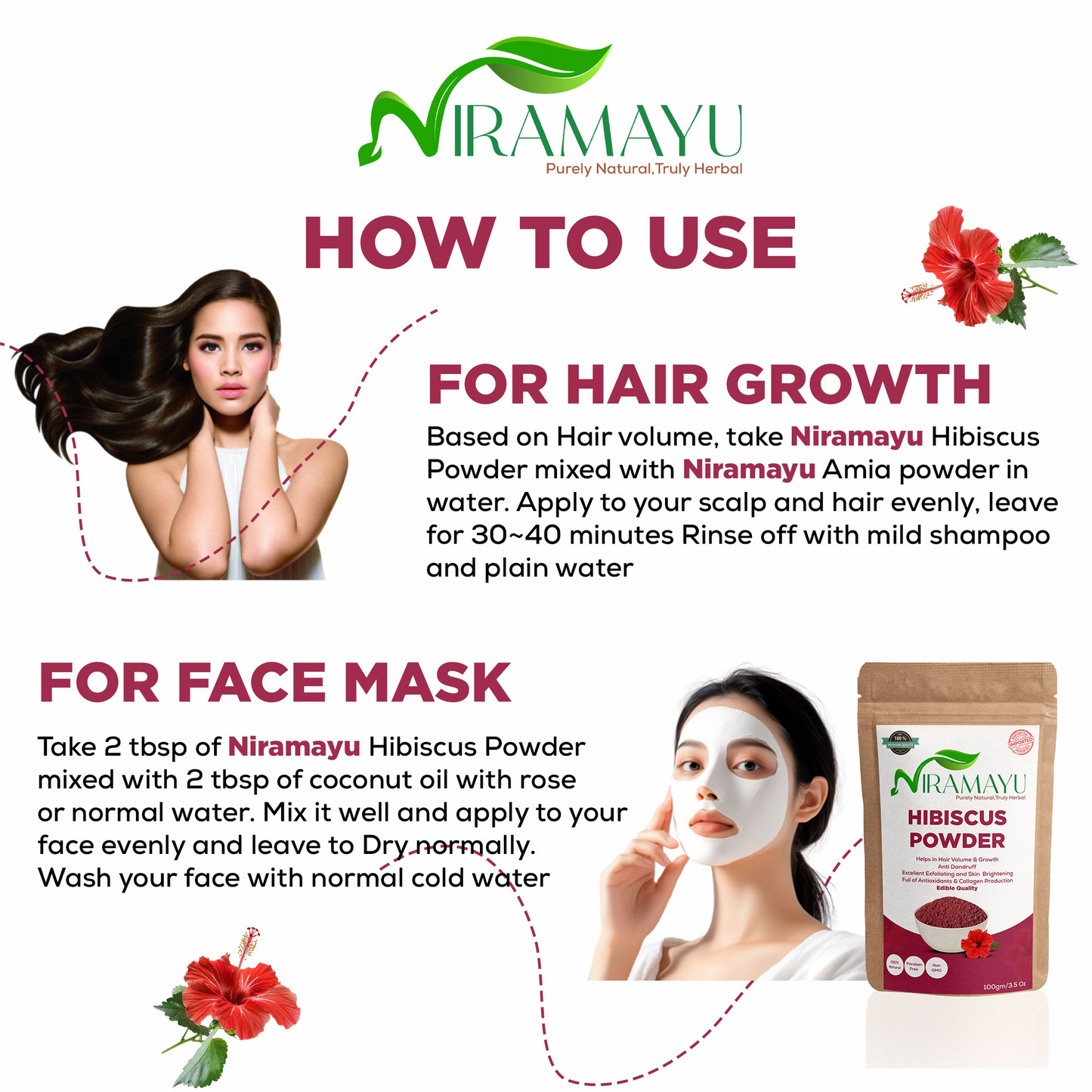 NIRAMAYU Hibiscus Powder for Hair Growth and Skin Care | Natural Gudhal Flower for Hair Pack, Face Pack and Herbal Tea | No Preservatives Dried