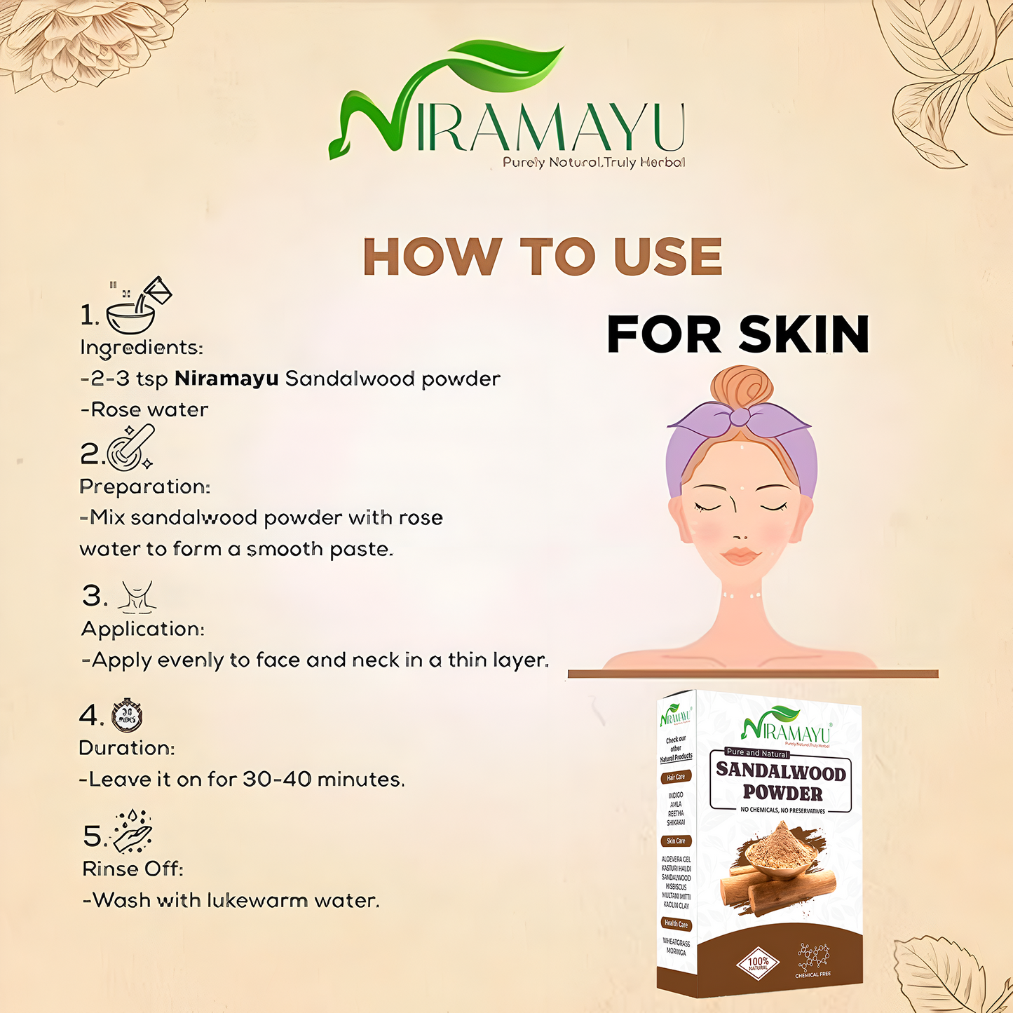 Niramayu Sandalwood/Chandan Powder for Face Pack and Skin Care 200gm | Helps Reduce Dark Spots, Acne and Tan Removal | Chemical-Free Ayurvedic Face Pack for Men & Women