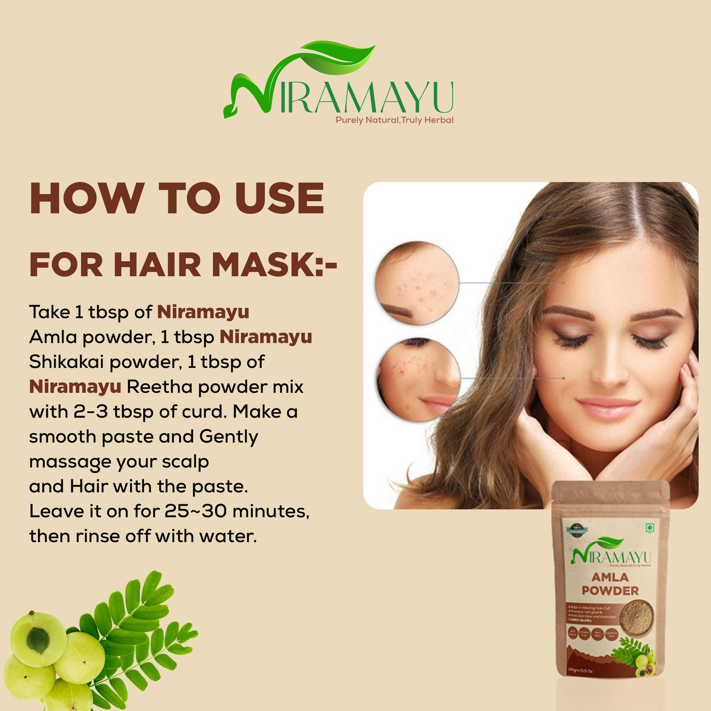 NIRAMAYU Amla Powder for Hair Growth and Skin Care | Natural Indian Gooseberry Herbal Powder | Chemical Free Hair Pack for Stronger Hair, Scalp Care and DIY Beauty Treatments