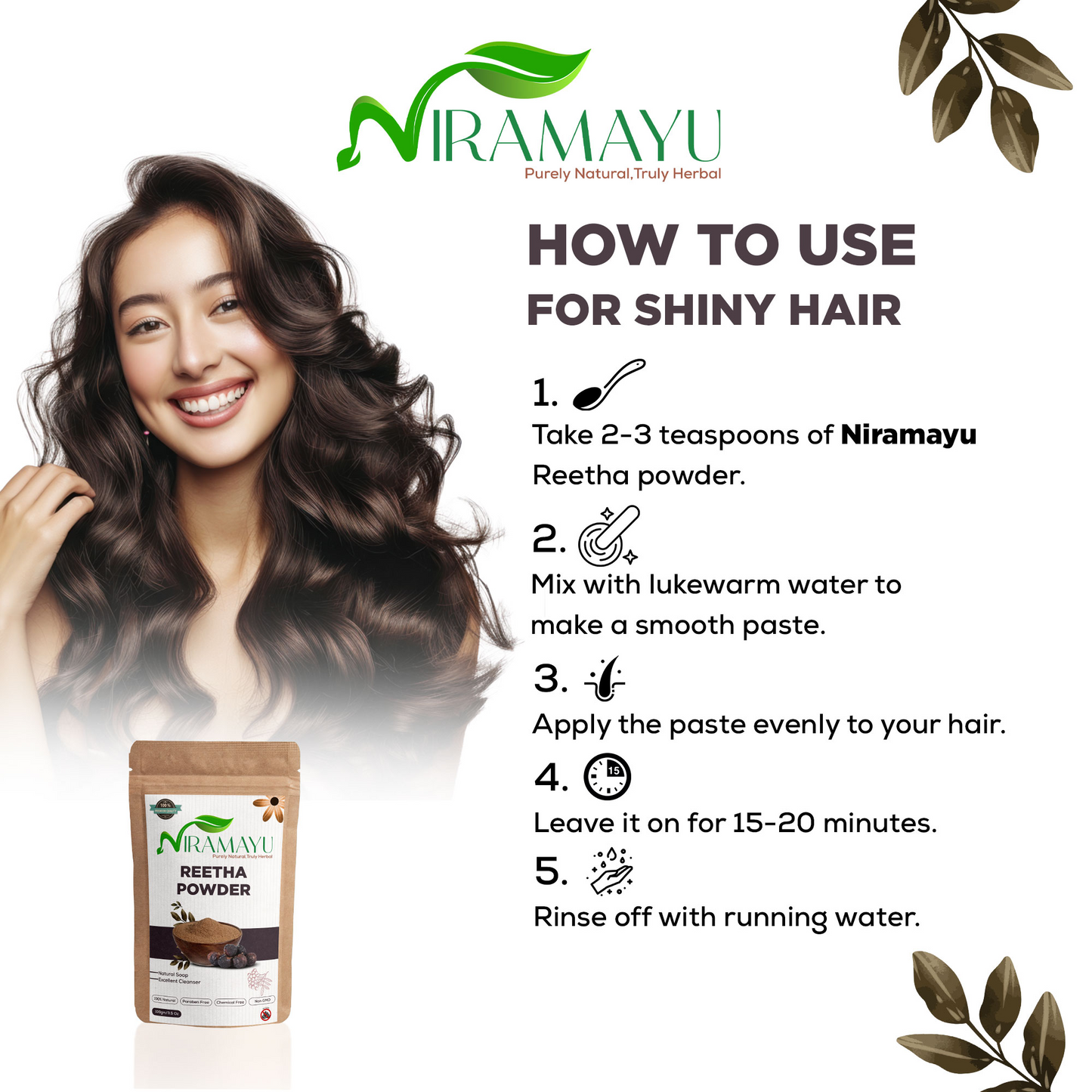 NIRAMAYU Reetha Powder for Hair Care | Paraben Free Natural Soapnut Aritha Powder Hair Cleanser | Chemical Free Herbal Hair Wash for Scalp Cleansing, Hair Shine and DIY Hair Masks