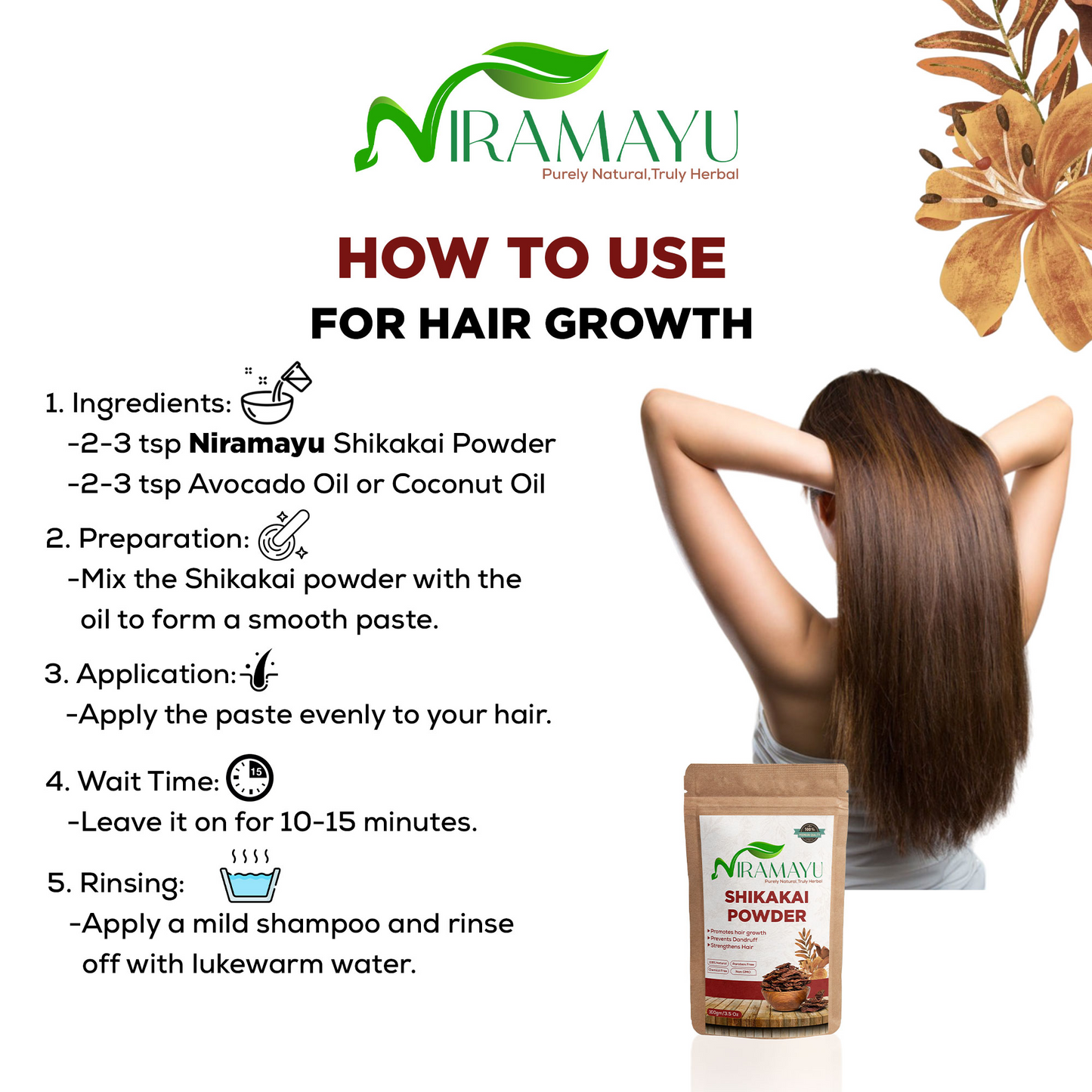 NIRAMAYU Shikakai Powder for Hair Growth | Natural Ayurvedic Herbal Hair Cleanser | Chemical Free Hair Care Powder for Soft, Shiny, Frizz Control and Scalp Cleansing