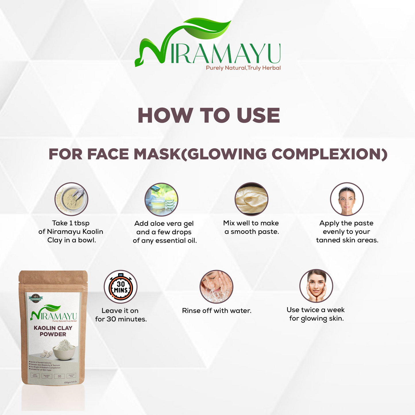 NIRAMAYU Kaolin Clay Powder for Face Pack | Natural White Clay Powder for Facial Mask and Scrub | Chemical Free Skin Cleansing Powder for Bright Looking Skin, Tan Care and Gentle Exfoliation