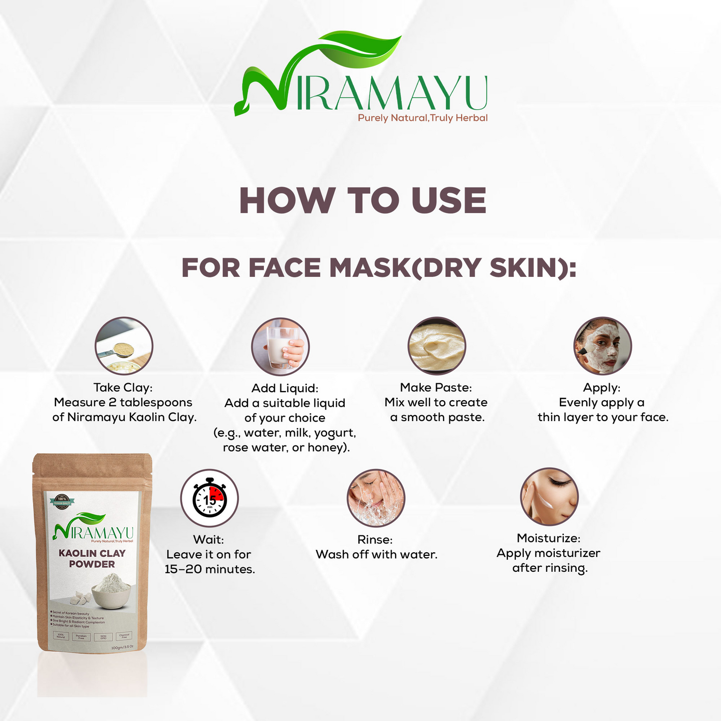 NIRAMAYU Kaolin Clay Powder for Face Pack | Natural White Clay Powder for Facial Mask and Scrub | Chemical Free Skin Cleansing Powder for Bright Looking Skin, Tan Care and Gentle Exfoliation