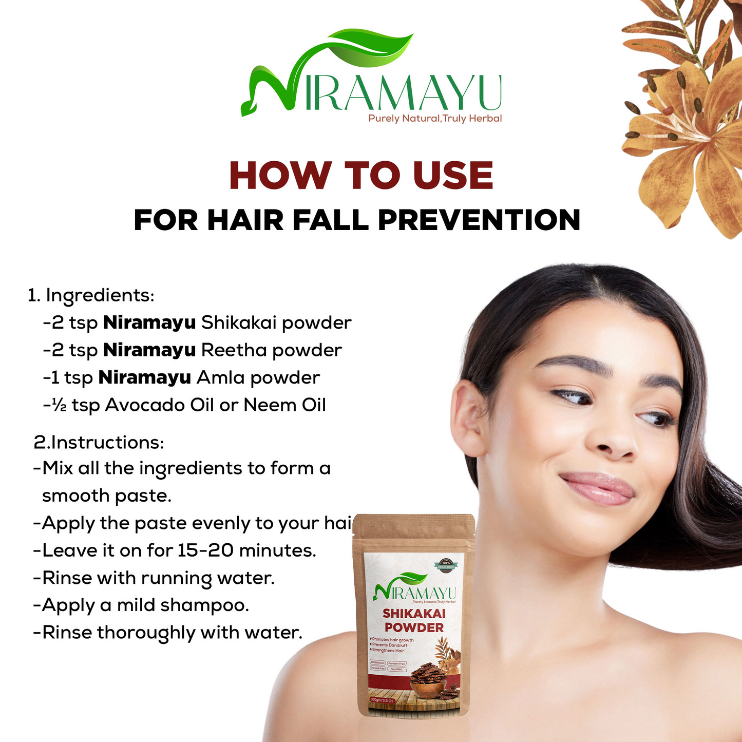 NIRAMAYU Shikakai Powder for Hair Growth | Natural Ayurvedic Herbal Hair Cleanser | Chemical Free Hair Care Powder for Soft, Shiny, Frizz Control and Scalp Cleansing