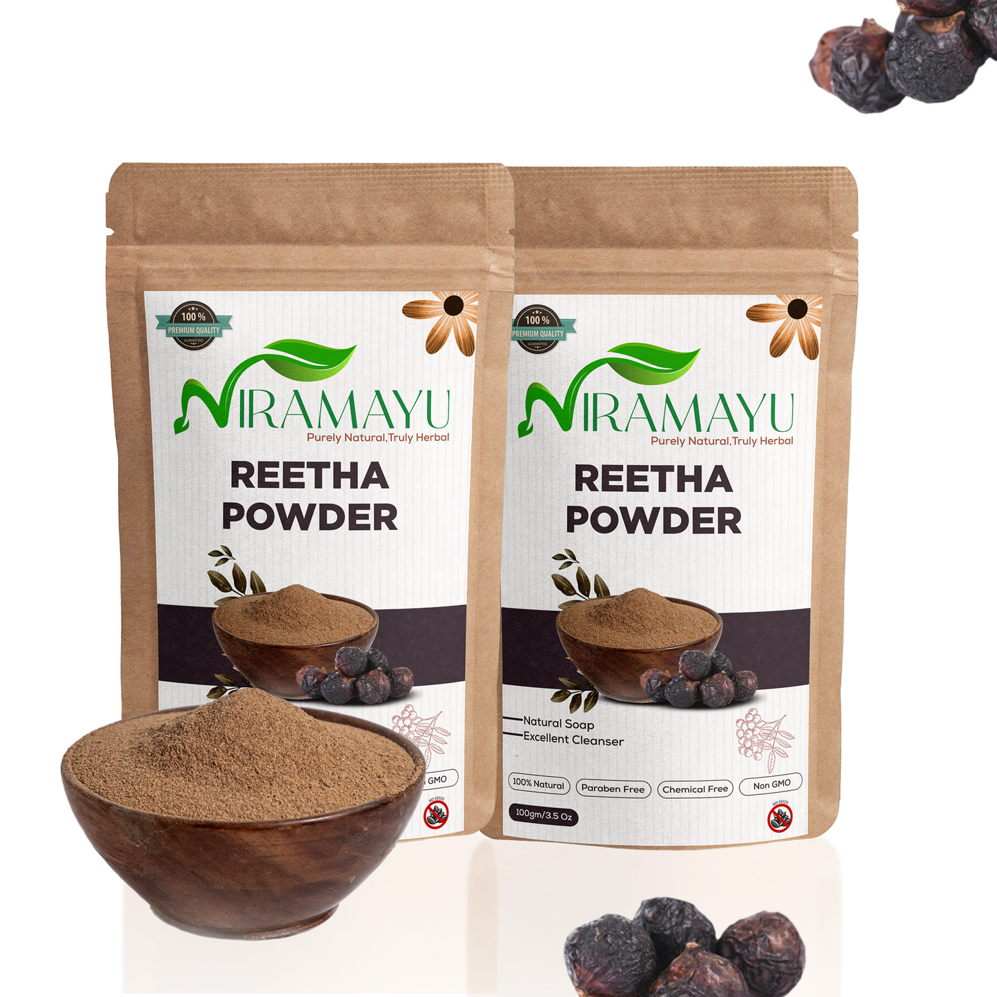 NIRAMAYU Reetha Powder for Hair Care | Paraben Free Natural Soapnut Aritha Powder Hair Cleanser | Chemical Free Herbal Hair Wash for Scalp Cleansing, Hair Shine and DIY Hair Masks